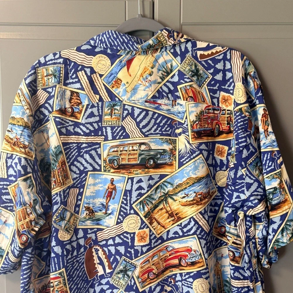 Reyn‎ Spooner Joe Kealoha's Vintage 90s Woody Surf Hawaiian Shirt, Blue,XL